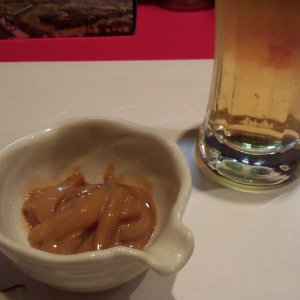 ビールとお通しの塩辛 at #おばんざい_浜寮